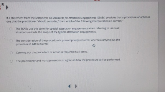 If a statement from the Statements on Standards for Attestation Engagements (SSAES) provides that a procedure or action is on