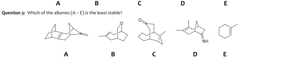 A B Question 3: Which of the alkenes (A - E) is the least stable? Act of my to NH