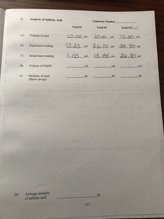 c. Analysis of Sulfurie Acid Unknown Number Trial #1 Trial #2 Trial #3 ) 15. Volume of acid 16 Final buret reading 10.00 ml 1