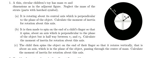 1. A thin, circular childrens toy has mass and dimensions as n the adjacent figure. Neglect the mass of the struts (parts wi