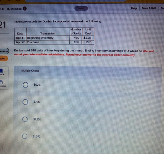 n.1 - 110 minutes Help Save Inventory records for Dunbar Incorporated revealed the following: Date Transaction Apr.1 Beginnin
