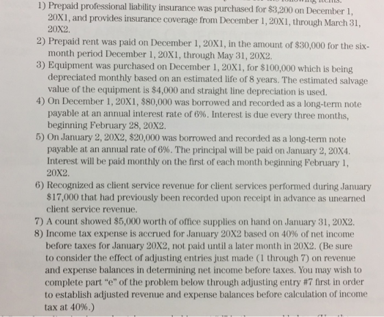 OLU 5 IULIS. 1) Prepaid professional liability insurance was purchased for $3,200 on December 1, 20X1, and provides insurance