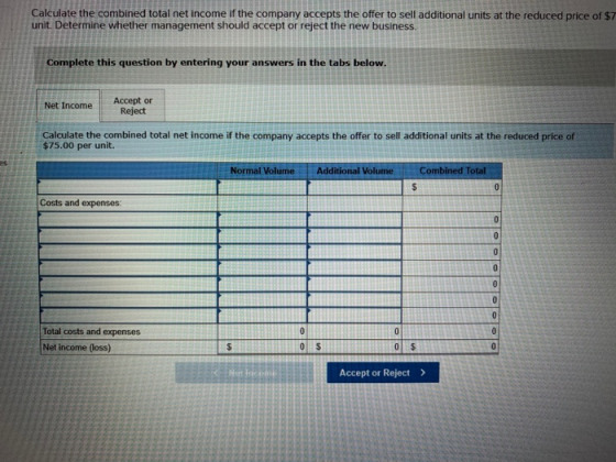 Calculate the combined total net income if the company accepts the offer to sell additional units at the reduced price of $7