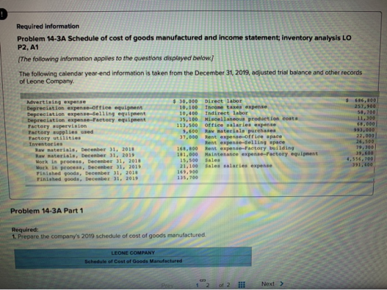 Required information Problem 14-3A Schedule of cost of goods manufactured and income statement; inventory analysis LO P2, A1