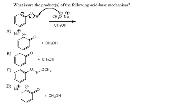 What is/are the product(s) of the following acid-base mechanism? CHẠỐ Na CH2OH A) Na + CH2OH B) + CH3OH C) OCH 3 D) Na + CH3O