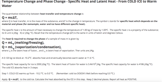 Temperature Change and Phase Change - Specific Heat and Latent Heat - From COLD ICE to Warm Water The quantitative relationsh