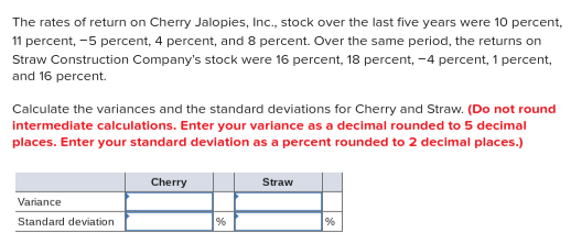 The rates of return on Cherry Jalopies, Inc., stock over the last five years were 10 percent, 11 percent,-5 percent, 4 percent, and 8 percent. Over the same period, the returns on Straw Construction Companys stock were 16 percent, 18 percent,-4 percent, 1 percent and 16 percent. Calculate the variances and the standard deviations for Cherry and Straw. (Do not round intermediate calculations. Enter your variance as a decimal rounded to 5 decimal places. Enter your standard deviation as a percent rounded to 2 decimal places.) Cherry Straw Variance Standard deviation