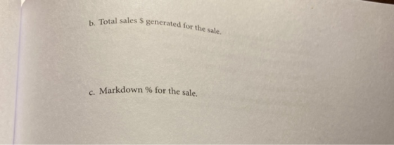 b. Total sales $ generated for the sale. c. Markdown % for the sale.
