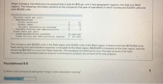 Diego Company manufactures one product that is sold for $70 per unit in two geographic regions-the East and West regions. The