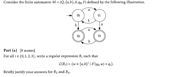 Consider the finite automaton M = (Q,{a, b},8,90,F) defined by the following illustration. -0.00 7 92 Part (a) (8 MARKS] For