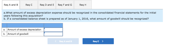 Req A and B Reqc Reg D and E Req F and G ReqH a.What amount of excess depreciation expense should be recognized in the consol