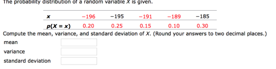 he probability distribution of a random variable x is given. -196 -195 191 -189 -185 p(X = x) 0.20 0.25 0.15 0.10 0.30 Compute the mean, variance, and standard deviation of X. (Round your answers to two decimal places.) mean variance standard deviation