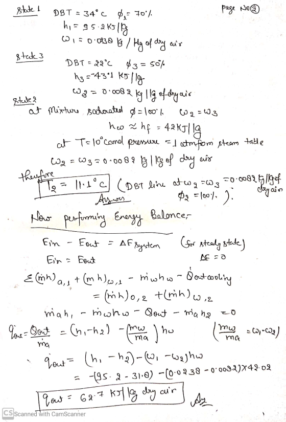 state & wat Stute & DBT = 34°C 34°c 0= 7098 page No@ hi= 95.2 kJ llg W = 0.0338 kg / Hg of dry air state 3 DBT = 22°C $3 = 50