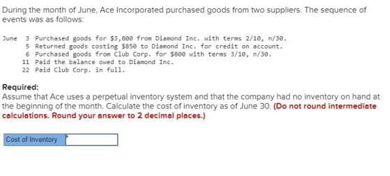 During the month of June, Ace Incorporated purchased goods from two suppliers. The sequence of events was as follows: June 3