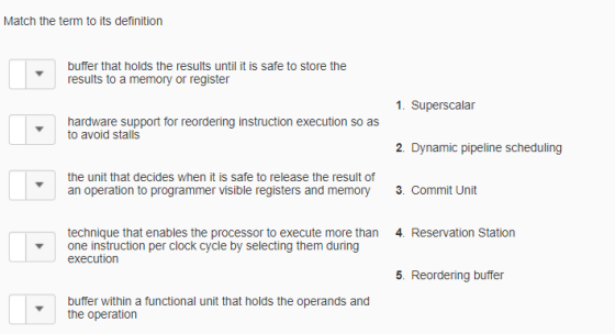 Match the term to its definition buffer that holds the results until it is safe to store the results to a memory or register 1. Superscalar hardware support tor reordering instruction execution so as to avoid stalls 2. Dynamic pipeline scheduling the unit that decides when it is safe to release the result of an operation to programmer visible registers and memory3. Commit Unit 4. Reservation Station technique that enables the processor to execute more than one instruction per clock cycle by selecting them during execution 5. Reordering buffer the operation
