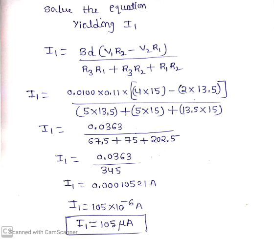 solue the equation Yielding II 0.0100 XOUX I = Bd (V, Rq - VR) R3 R1 + R₂ R₂ + R, R2 II- [4x15) - @x13,5)] (5x13,5) +(5x15) +