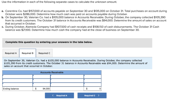 Use the information in each of the following separate cases to calculate the unknown amount. a. Corentine Co. had $157,000 of