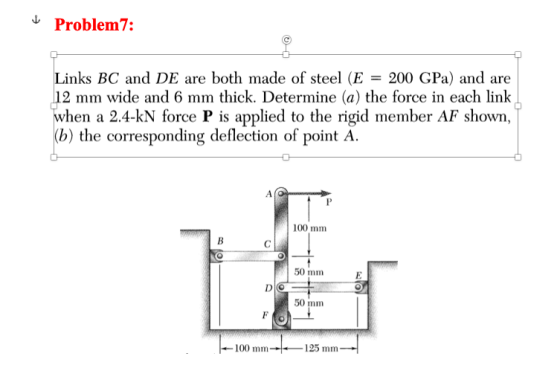 Problem7: Links BC and DE are both made of steel (E = 200 GPa) and are 12 mm wide and 6 mm thick. Determine (a) the force in