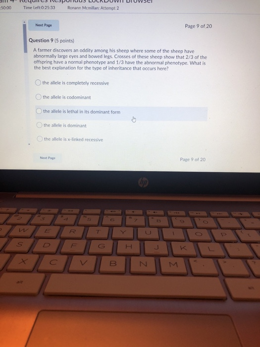 50,00 yunca Time Left:0:25:33 Murrus LULNUVEDIUWSE Ronann Mcmillanc Attempt 2 Next Page Page 9 of 20 Question 9 (5 points) A