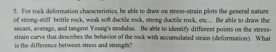 5. For rock deformation characteristics, be able to draw on stress-strain plots the general nature of strong-stiff brittle rock, weak soft ductile rock, strong ductile rock, etc... Be able to draw the secant, average, and tangent Youngs modulus. Be able to identify different points on the stress- strain curve that describes the behavior of the rock with accumulated strain (deformation). What is the difference between stress and strength?