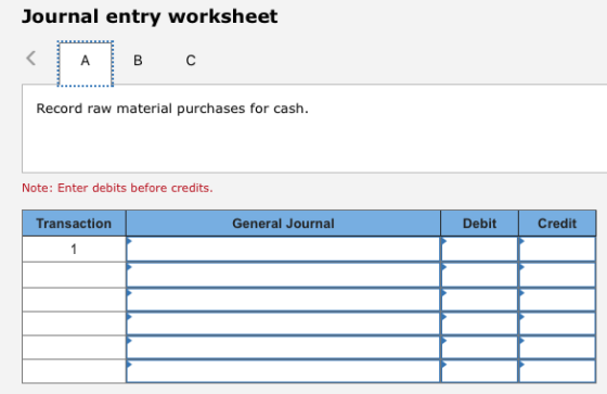 Journal entry worksheet Record raw material purchases for cash. Note: Enter debits before credits. Transaction General Journa