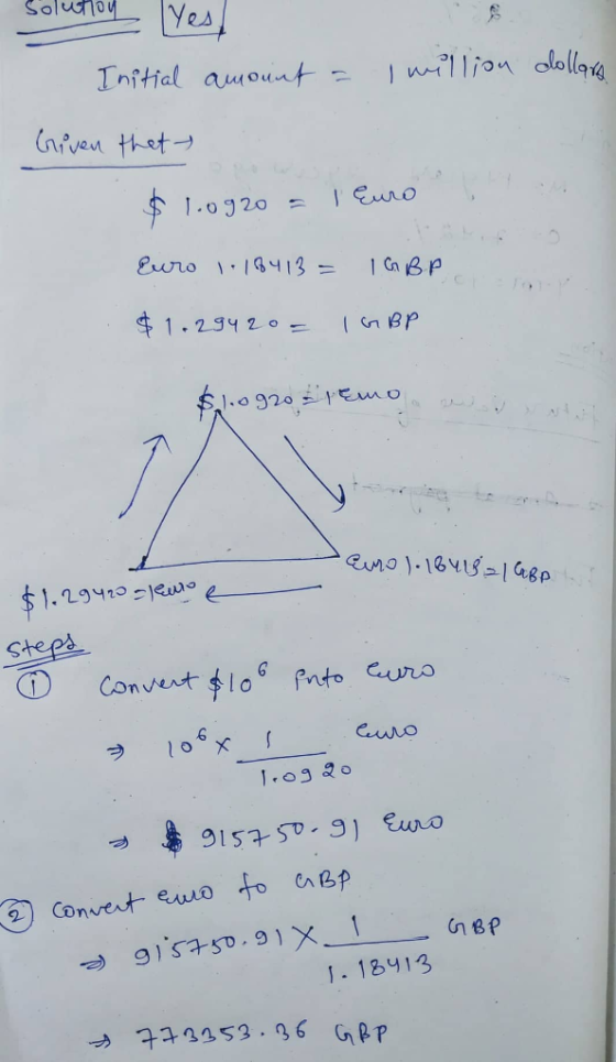 Solution Solution Yes Initial amount = 1 million dollara Given that $ 1.0920 = 1 Euro Euro 1.18413 = $1.29420= IGBP 1GBP $1.0