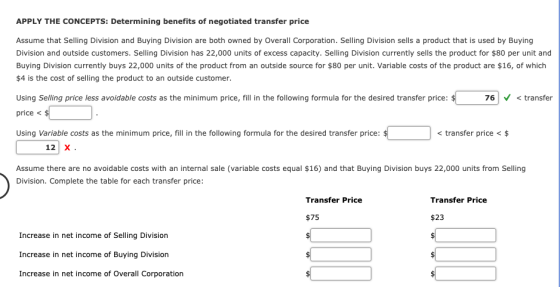 APPLY THE CONCEPTS: Determining benefits of negotiated transfer price Assume that Selling Division and Buying Division are bo