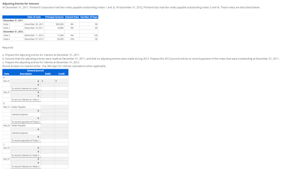Adjusting Entries for Interest At December 31, 2011, Portland Corporation had two notes payable outstanding (notes 1 and 2).