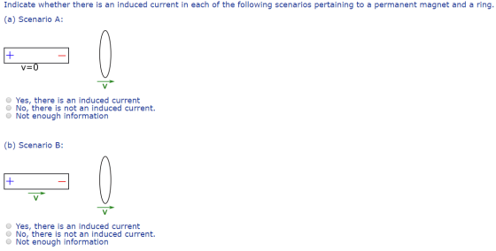 Indicate whether there is an induced current in each of the following scenarios pertaining to a permanent magnet and a ring.