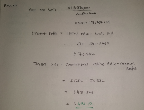 Anwes Cost per unit = $13875000 25500 una = $544. 117647058 Cussent profit = selling price unit cast = 615- 544.11765 = $ 70.
