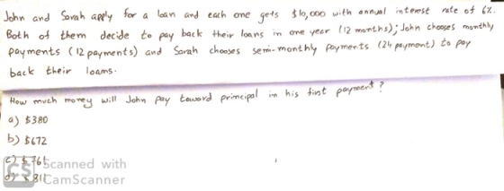 John and Sarah apply for a loan and each one gets $10,000 with annual interest rate of 6%. Both of them decide to pay back th