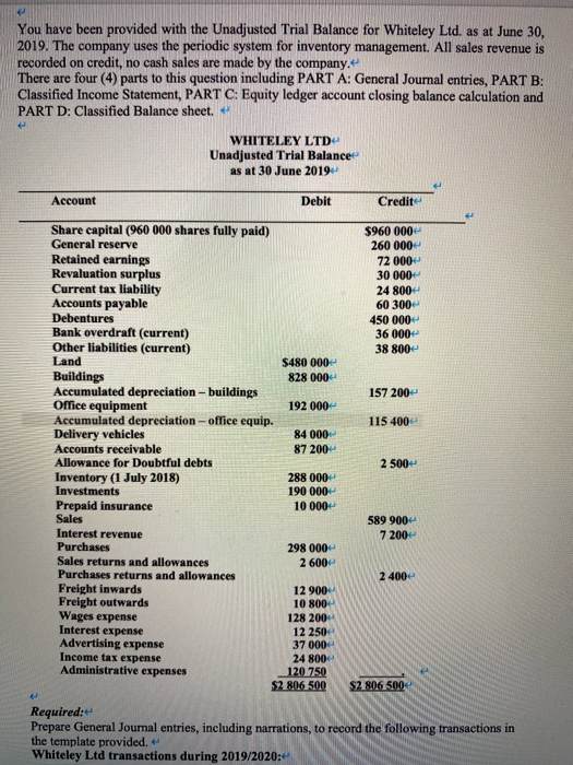 You have been provided with the Unadjusted Trial Balance for Whiteley Ltd. as at June 30, 2019. The company uses the periodic
