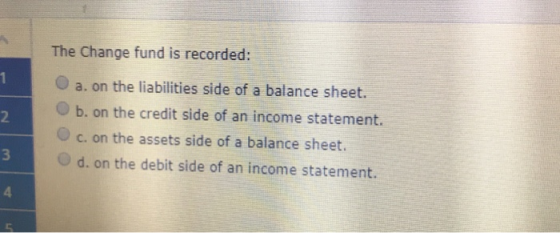 The Change fund is recorded: a. on the liabilities side of a balance sheet. b. on the credit side of an income statement. c.