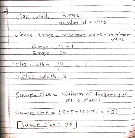 Rang e ex ot asse Jne це /alue 31 as is th30 e sizeddiomof fequenty.af- all 6classes YC an-ple-cize = (9+5+10+7+ 2+3 Sample ize 36