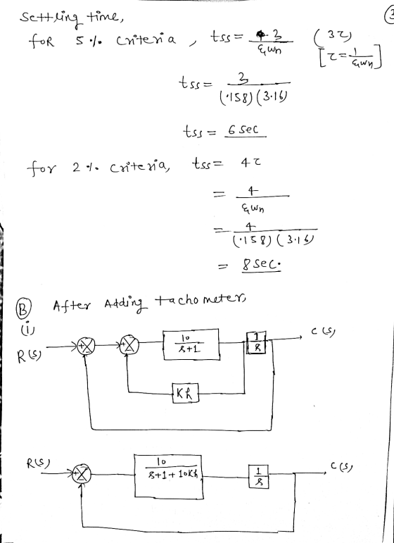 settling time, for 5% criteria tss=0.3 Ewn (32) [za chwin] tss= 3 (1158) (3.16) tss= 6 sec tss= - 47 for 2 % criteria, 4 Gun