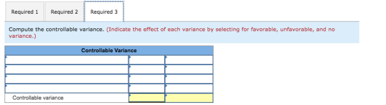Required 1 Required 2 Required 3 Compute the controllable variance. (Indicate the effect of each variance by selecting for fa