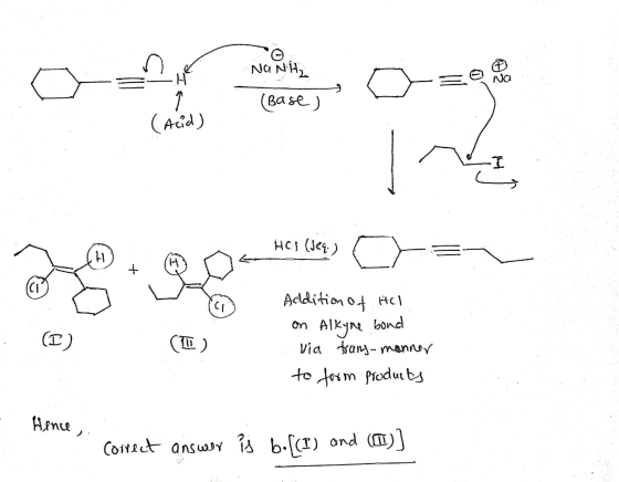© Na Nit w s! H Na 1 (Base) (Acid) .I HC(329.) HI H + CI li (I) ) Addition of Hol on Alkyne bond via trans-manner to form pro
