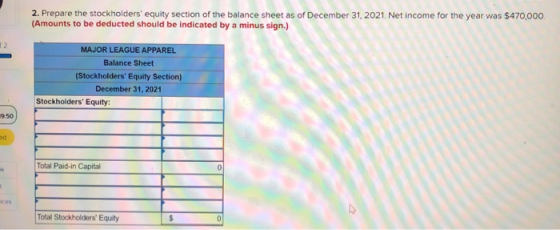 2. Prepare the stockholders equity section of the balance sheet as of December 31, 2021. Net income for the year was $470,00