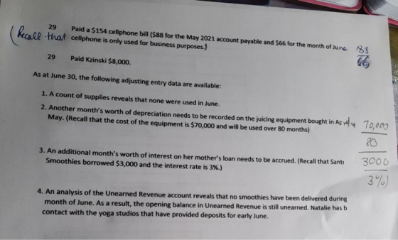 29 Paid a $154 cellphone bill ($88 for the May 2021 account payable and $66 for the month of June (kecall that celphone is on