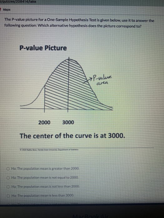 5/quizzes/208414/take Maps The P-value picture for a One-Sample Hypothesis Test is given below, use it to answer the followin