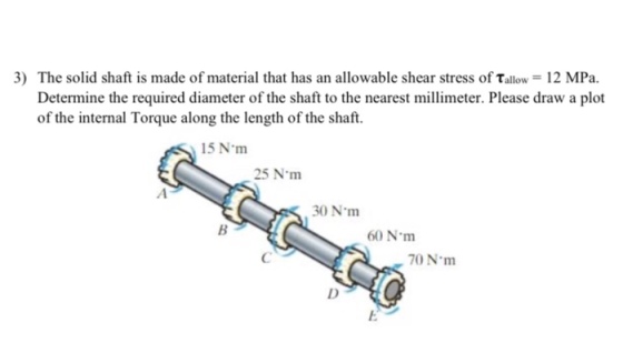3) The solid shaft is made of material that has an allowable shear stress of Tallow 12 MPa. Determine the required diameter of the shaft to the nearest millimeter. Please draw a plot of the internal Torque along the length of the shaft. 15 N·m 25 N·m 30 N·m 60 Nm 70 N·m
