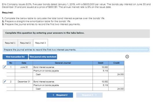 Ellis Company issues 8.0%, five-year bonds dated January 1, 2019, with a $600.000 par value. The bonds pay interest on June 3