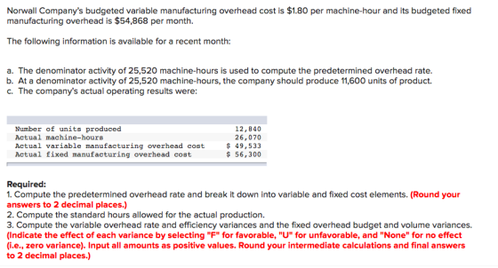 Norwall Companys budgeted variable manufacturing overhead cost is $1.80 per machine-hour and its budgeted fixed manufacturin
