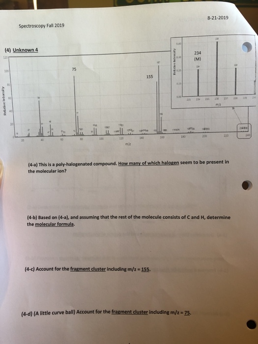 8-21-2019 Spectroscopy Fall 2019 (4) Unknown 4 155 23 Relative intensity in 1232 miz L . (4-a) This is a poly-halogenated com