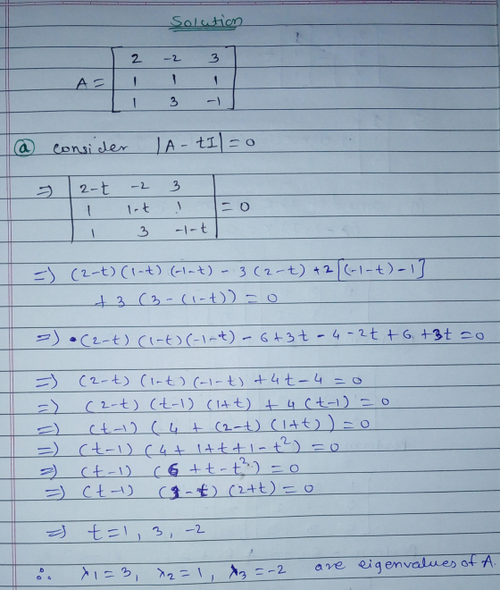 - Solution As I l 1 @ consider | A-tIl=0 3 2- -2 Int 3 J CO . =) (2-t) (1-t) (cat) - 3(2-t) +2|(-1-t)-1] 13 C3-cint)) = 0 = (