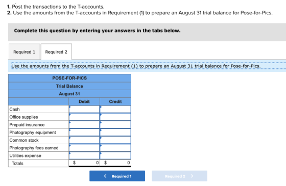 1. Post the transactions to the T-accounts. 2. Use the amounts from the T-accounts in Requirement (1) to prepare an August 31