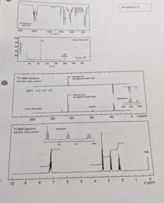 Problem 5 S © H, BH 280 SC NMR Spectrum Sco, DEPT Citout protocoupled 200 160 120 80 40 (ppm) H NMR Spectrum 200 CDC, expans