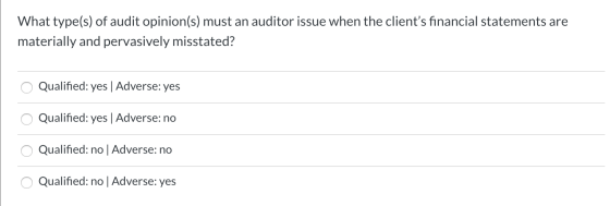 What type(s) of audit opinion(s) must an auditor issue when the clients financial statements are materially and pervasively