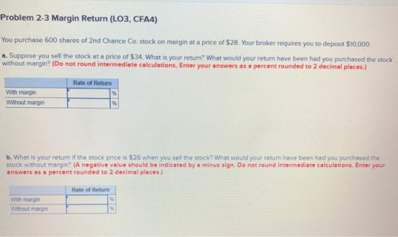 Problem 2-3 Margin Return (LO3, CFA4) You purchase 600 shares of 2nd Chance Co. stock on margin at a price of $28. Your broker requires you to deposit $10,000 a. Suppose you sell the stock at a price of $34. What is your return? What would your return have been had you purchased the stock without margin? (Do not round intermediate calculations. Enter your answers as a percent rounded to 2 decimal places.) Rate of Return With margin Without margin b. What is your return if the stock price is $26 when you sell the stock? What would your return have been had you purchased the stock without margin? (A negative value should be indicated by a minus sign. Do not round intermediate calculations. Enter your answers as a percent rounded to 2 decimal places.) Rate of Return With margin Without margin