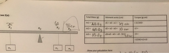 ase 2(a) Total Mass (g) Moment arms (cm) Torque ig cm t (CCW) x1 Xo mu m2 m, Show your calculation here: